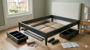 A flat-pack king size bed frame being assembled highlighting a cheap and easy DIY setup.
