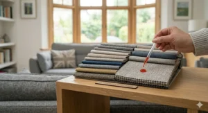 Various British-style fabric swatches including velvet and linen-look options that are easy to clean.