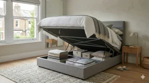 Close-up of a high-quality gas-lift piston mechanism on a storage bed, demonstrating the ease of lifting the mattress.