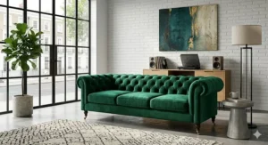 A plush emerald green velvet Chesterfield settee with hand-tufted detailing in a contemporary flat.