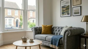 A classic British-style grey Chesterfield sofa with deep-buttoned upholstery and dark wood feet.