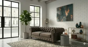 A modern light grey fabric Chesterfield sofa with a low back design, styled in a minimalist neutral-toned lounge.