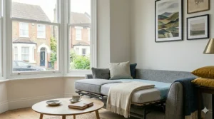 A versatile grey sofa bed converted halfway to show the guest sleeping mechanism in a spare room.