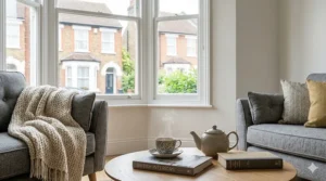 A comfortable light grey sofa decorated with a chunky knit throw and a cup of tea on a side table.