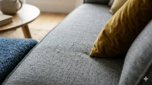 Close-up detail of the soft texture and button-back stitching on a luxury grey velvet sofa.