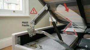 A detailed macro shot showing a heavy steel support arm of an ottoman bed mechanism bent and distorted under severe stress from a heavy mattress.