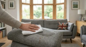 A simple diagram showing how to wipe away a spill from a kid-friendly sofa using a damp cloth.