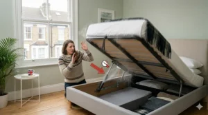 A young British woman in a contemporary bedroom flinching in surprise as the ottoman bed mattress slams shut rapidly with mist spraying from a broken hydraulic seal.
