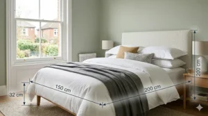 A diagram showing the standard UK king size bed dimensions of 150cm by 200cm in a room layout.