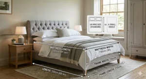 Illustration showing standard UK king size bed dimensions of 150cm by 200cm compared to a small single.