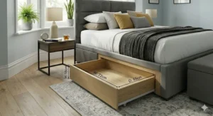 Diagram showing the internal depth and width of storage drawers for a standard UK king size bed frame.