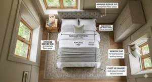 Birds-eye view illustration demonstrating how a king size bed fits into a standard UK bedroom layout with 45cm clearance.