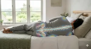 Illustration of correct spinal alignment while sleeping on a king size mattress to prevent lower back ache.