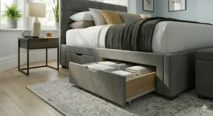 A coordinated UK bedroom set featuring a king size storage bed with matching oak wardrobes and bedside cabinets.