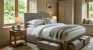 A grey fabric king size divan bed featuring four integrated side storage drawers for extra bedding.