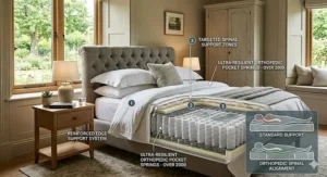 Technical illustration showing a king size orthopaedic bed providing neutral spinal alignment and targeted support zones.