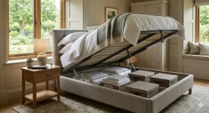 A king size ottoman bed frame with the mattress lifted to reveal under-bed storage space and storage boxes.