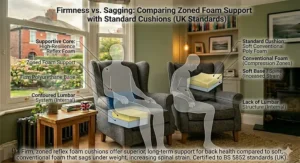 A contemporary L-shaped corner sofa with a chaise end, allowing for comfortable leg elevation to reduce pelvic tilt.