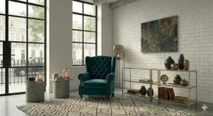 A grand grey velvet Chesterfield corner sofa providing ample seating for a large family lounge.