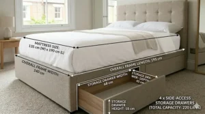 A photorealistic technical diagram illustration set within a modern British bedroom. It features clear technical overlays showing external and internal dimensions including length, width, and height of a light beige divan double bed and its integrated storage drawers.