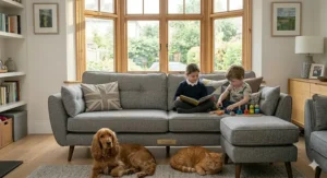 An illustration highlighting the long-term durability of an easy clean sofa for kids and toddlers.