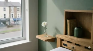 A minimalist low-profile oak double bed frame designed to create a sense of space in a small bedroom with low ceilings.