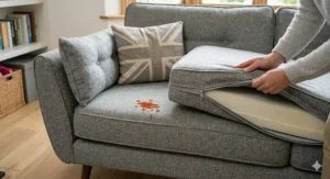 Removable sofa covers being placed into a washing machine, ideal for households with children.