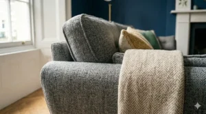 A mid-century modern sofa in forest green velvet, reflecting popular UK interior design trends.