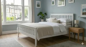 Simple white wooden double bed frame with a slatted headboard, ideal for small British guest rooms.