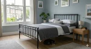 Industrial style black metal double bed frame, perfect for a modern UK bedroom on a budget.