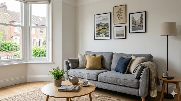 A contemporary charcoal grey sofa styled with woollen cushions in a bright, airy British living room with oak flooring. grey sofa