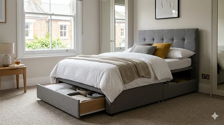 A photorealistic featured hero image of a modern grey upholstered double bed with storage in a well-lit British bedroom. The integrated storage drawer is open, and a lifted ottoman mechanism shows additional space beneath the mattress. double bed with storage