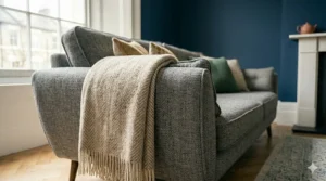 Illustration of a modular modern sofa designed for easy delivery through narrow British doorways and hallways.