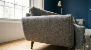 Close-up detail of the durable navy blue velvet upholstery on a modern sofa.