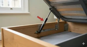 Close-up of a stiff or failing black hydraulic gas strut on an oak side-opening ottoman bed frame.
