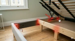 A detailed guide photograph showing how to safely secure an open ottoman bed frame using a metal safety prop placed securely into the main hinge structure.