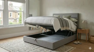 A double ottoman bed in a compact UK box room, showing how storage beds save floor space by removing the need for extra wardrobes.