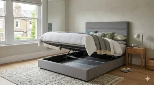 An open king-size ottoman bed showing the vast under-bed storage compartment filled with seasonal bedding and suitcases.