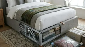 The interior of an ottoman bed featuring a protective floor lining to keep stored items dust-free and off the bedroom carpet.