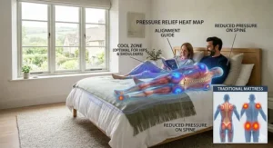 Pressure map illustration showing how a king size orthopaedic bed distributes body weight to alleviate back and joint pain.