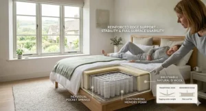 Diagram of reinforced edge support in a king size bed, allowing full use of the mattress surface for back pain sufferers.