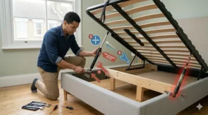 A dynamic step-by-step repair guide photograph showing a man with tools kneeling beside an open ottoman bed, loosening an old, worn gas piston for replacement.