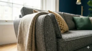 A Scandi-inspired modern settee with tapered oak legs and light neutral fabric.