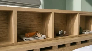 An overhead floor plan view of a double bed frame neatly tucked into a small rectangular bedroom to maximise walking space.