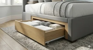 Close-up of smooth-glide wooden storage drawers pulling out from the base of a king size bed frame.