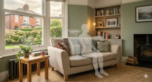 Close-up illustration showing the built-in lower back support and ergonomic curvature of a firm sofa.