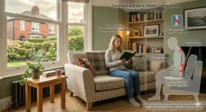 Side-by-side comparison illustrating how a firm seat maintains spinal alignment versus a soft sofa that causes slouching.