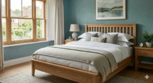 A classic solid oak double bed frame with a slatted headboard, showcasing timeless British craftsmanship.