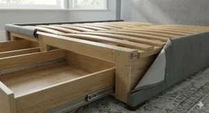 Sturdy solid-slat base of a king size bed with built-in storage drawers, demonstrating high-quality British craftsmanship.