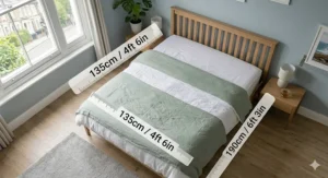 Illustration showing standard UK double bed dimensions (135cm x 190cm) to help with bedroom planning.